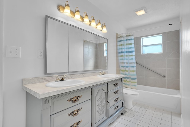 5801 SE Cable Dr, Stuart, FL 34997 - full bath featuring shower / bathtub combination with curtain, tile patterned flooring, and double vanity