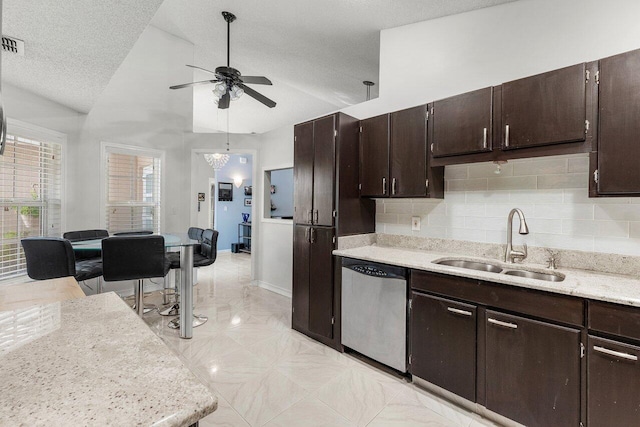 7782 Stirling Bridge Blvd S, Delray Beach, FL 33446 - kitchen with dishwasher, ceiling fan, lofted ceiling, backsplash, and dark brown cabinets
