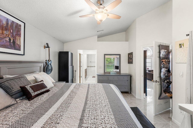 7782 Stirling Bridge Blvd S, Delray Beach, FL 33446 - bedroom with lofted ceiling, light marble finish flooring, ceiling fan, connected bathroom, and a textured ceiling