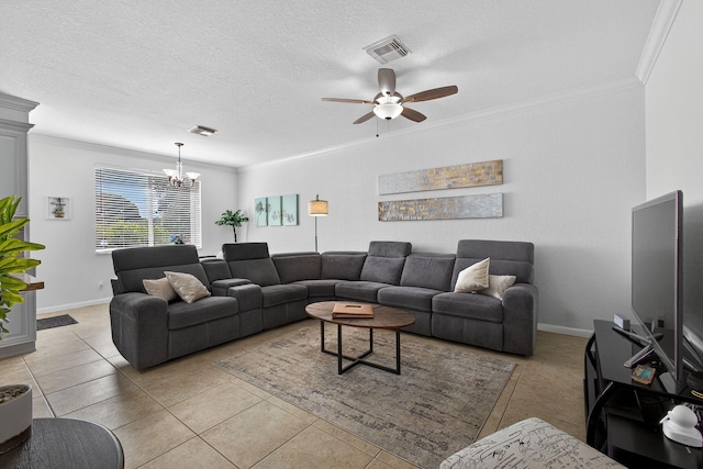 3004 N Evergreen Cir, Boynton Beach, FL 33426 - living room with ornamental molding, a chandelier, light tile patterned flooring, ceiling fan, and a textured ceiling