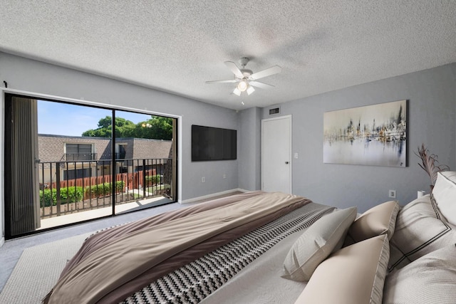 2897 SW 22nd Cir Unit 44B, Delray Beach, FL 33445 - bedroom featuring access to outside, a textured ceiling, a ceiling fan, and carpet flooring