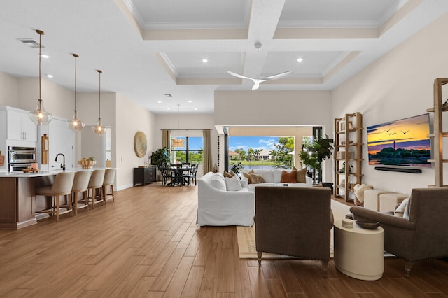 9109 Balsamo Dr, Palm Beach Gardens, FL 33412 - living area with wood finished floors, a high ceiling, coffered ceiling, beamed ceiling, and recessed lighting