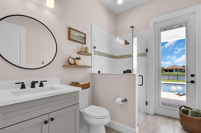9109 Balsamo Dr, Palm Beach Gardens, FL 33412 - full bathroom featuring vanity, a stall shower, and tile patterned floors