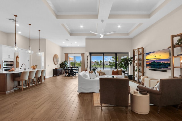 9109 Balsamo Dr, Palm Beach Gardens, FL 33412 - living room with dark wood-style flooring, crown molding, beam ceiling, coffered ceiling, and a high ceiling