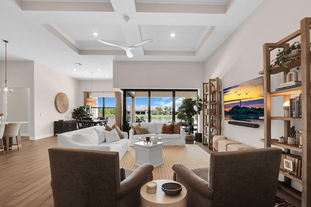 9109 Balsamo Dr, Palm Beach Gardens, FL 33412 - living area featuring a high ceiling, wood finished floors, a ceiling fan, coffered ceiling, and recessed lighting