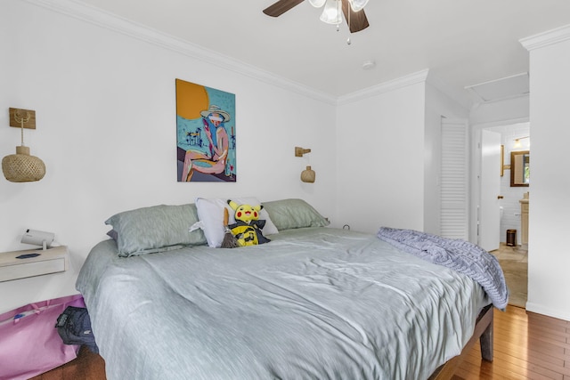 866 NW 92nd Ave, Plantation, FL 33324 - bedroom featuring wood-type flooring, ornamental molding, attic access, and ceiling fan