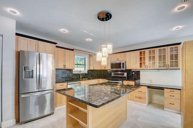 6170 Serene Run, Lake Worth, FL 33463 - kitchen with stainless steel appliances, light brown cabinetry, open shelves, tasteful backsplash, and glass insert cabinets