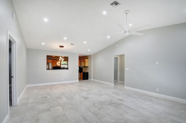 6170 Serene Run, Lake Worth, FL 33463 - unfurnished living room with a chandelier, recessed lighting, a ceiling fan, and high vaulted ceiling