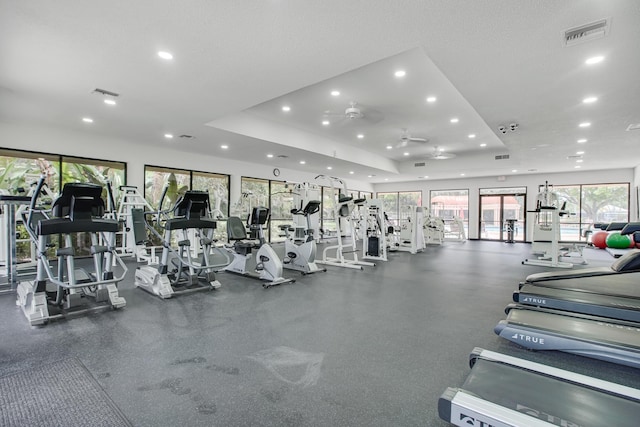 1102 Republic Ct, Deerfield Beach, FL 33442 - gym featuring recessed lighting, a raised ceiling, and ceiling fan