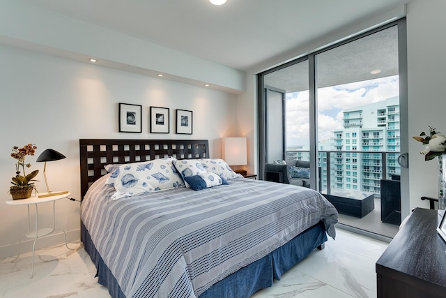 488 NE 18th St Unit 4711, Miami, FL 33132 - bedroom featuring marble look tile flooring, access to exterior, expansive windows, and recessed lighting