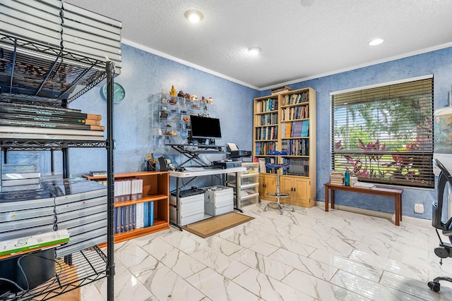 2029 Greenview Cove Dr, Wellington, FL 33414 - office space with ornamental molding, a textured ceiling, a textured wall, and marble look tile flooring