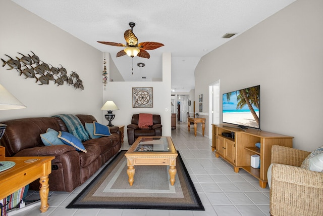 4640 Homestead Way Unit 39, West Palm Beach, FL 33417 - living area featuring light tile patterned floors, a ceiling fan, and lofted ceiling