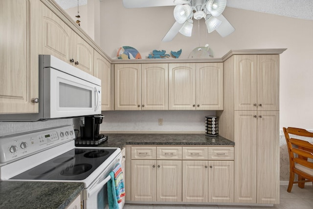 4640 Homestead Way Unit 39, West Palm Beach, FL 33417 - kitchen featuring white appliances, light brown cabinetry, ceiling fan, and dark countertops