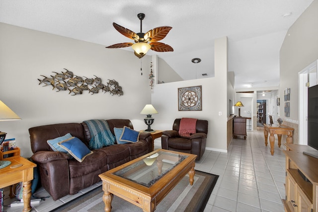 4640 Homestead Way Unit 39, West Palm Beach, FL 33417 - living area featuring ceiling fan, light tile patterned floors, and lofted ceiling