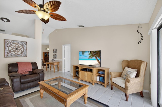 4640 Homestead Way Unit 39, West Palm Beach, FL 33417 - living room with light tile patterned flooring, a ceiling fan, and lofted ceiling