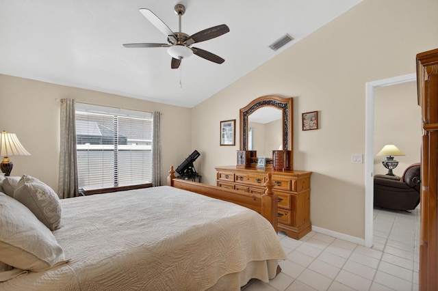 4640 Homestead Way Unit 39, West Palm Beach, FL 33417 - bedroom with vaulted ceiling, light tile patterned floors, and a ceiling fan