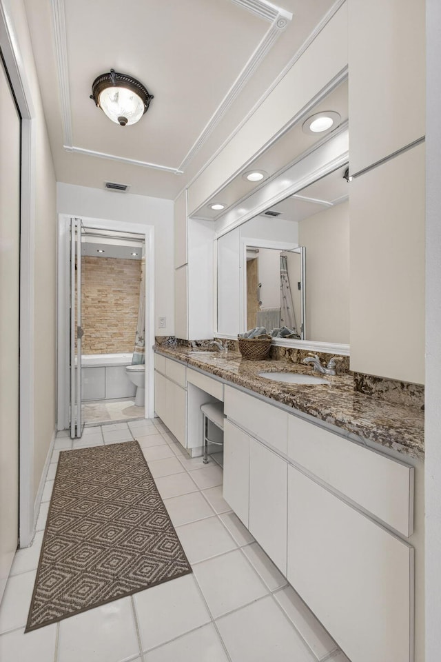 4640 Homestead Way Unit 39, West Palm Beach, FL 33417 - bathroom with vanity, tile patterned flooring, ornamental molding, and a shower