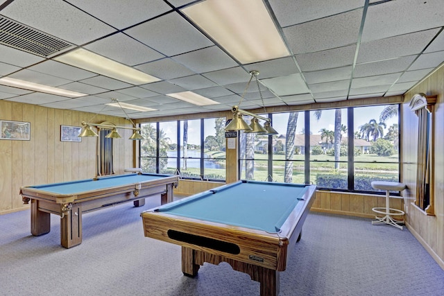 4640 Homestead Way Unit 39, West Palm Beach, FL 33417 - game room featuring wooden walls, billiards table, carpet, a water view, and a paneled ceiling