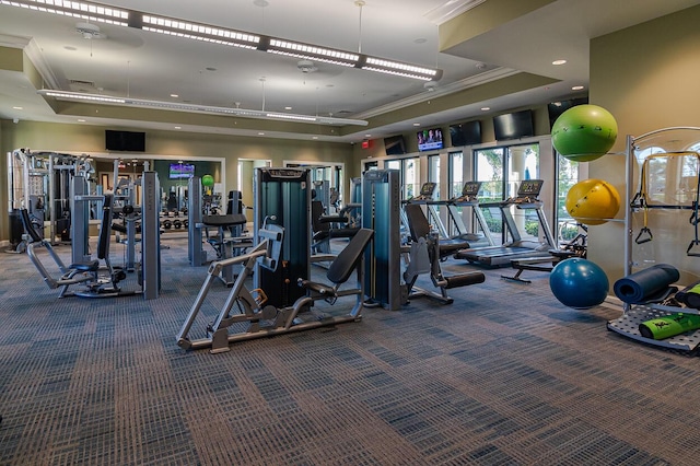 649 SE Monteiro Dr, Port Saint Lucie, FL 34984 - exercise room featuring carpet flooring, ornamental molding, a raised ceiling, and recessed lighting