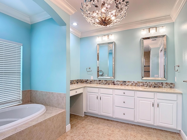780 SW Fortunella Cir SW, Vero Beach, FL 32968 - bathroom featuring a garden tub, double vanity, crown molding, a chandelier, and tile patterned flooring