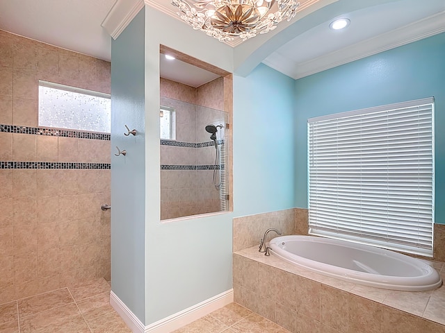 780 SW Fortunella Cir SW, Vero Beach, FL 32968 - full bath with a garden tub, tile patterned floors, ornamental molding, walk in shower, and plenty of natural light