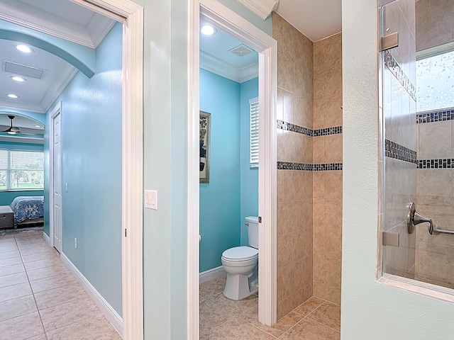 780 SW Fortunella Cir SW, Vero Beach, FL 32968 - bathroom with crown molding, tile patterned flooring, tiled shower, connected bathroom, and recessed lighting
