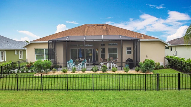 780 SW Fortunella Cir SW, Vero Beach, FL 32968 - rear view of property featuring stucco siding, a fenced backyard, a patio area, and glass enclosure