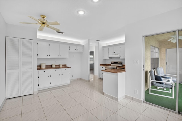 5791 Spindle Palm Ct Unit D, Delray Beach, FL 33484 - kitchen with electric stove, a ceiling fan, under cabinet range hood, wooden counters, and white cabinets