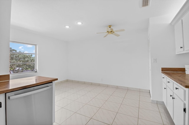 5791 Spindle Palm Ct Unit D, Delray Beach, FL 33484 - kitchen featuring dishwasher, butcher block counters, a ceiling fan, white cabinetry, and recessed lighting