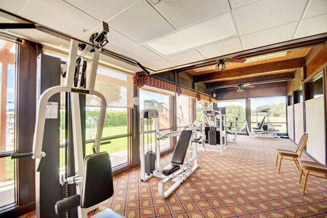 5791 Spindle Palm Ct Unit D, Delray Beach, FL 33484 - exercise room featuring healthy amount of natural light, ceiling fan, and carpet flooring