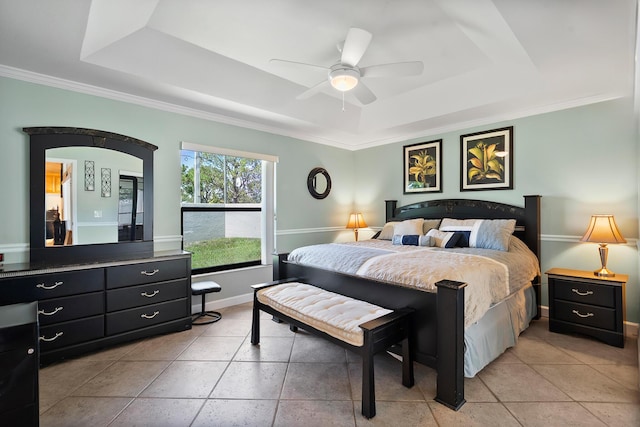 3003 SW Seaboard Ave, Palm City, FL 34990 - bedroom with a tray ceiling, crown molding, a ceiling fan, and light tile patterned flooring