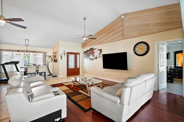 3003 SW Seaboard Ave, Palm City, FL 34990 - living room featuring a ceiling fan, high vaulted ceiling, and wood finished floors