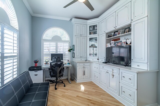 11355 SW Rockingham Dr, Port Saint Lucie, FL 34987 - office area featuring crown molding, ceiling fan, and light wood-style flooring