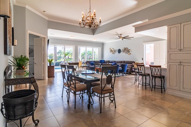 11355 SW Rockingham Dr, Port Saint Lucie, FL 34987 - dining area with ornamental molding, a chandelier, a ceiling fan, recessed lighting, and light tile patterned floors