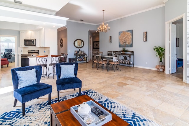 11355 SW Rockingham Dr, Port Saint Lucie, FL 34987 - living room with a chandelier, ornamental molding, and light stone finish flooring