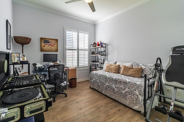11355 SW Rockingham Dr, Port Saint Lucie, FL 34987 - bedroom with ornamental molding, wood finished floors, a desk, and a ceiling fan