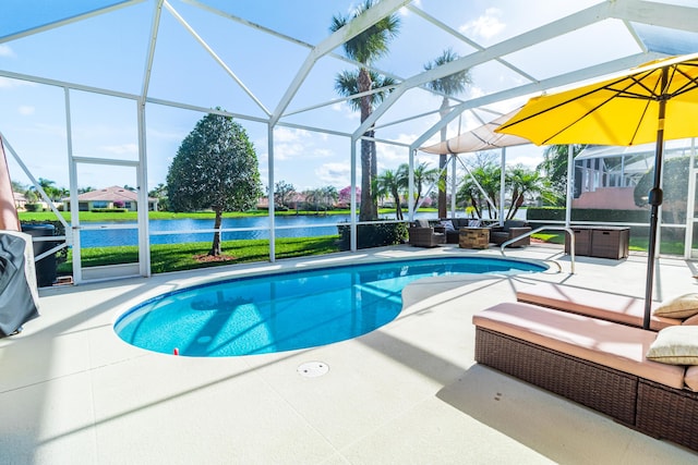11355 SW Rockingham Dr, Port Saint Lucie, FL 34987 - swimming pool featuring outdoor lounge area, a patio area, a water view, and a lanai