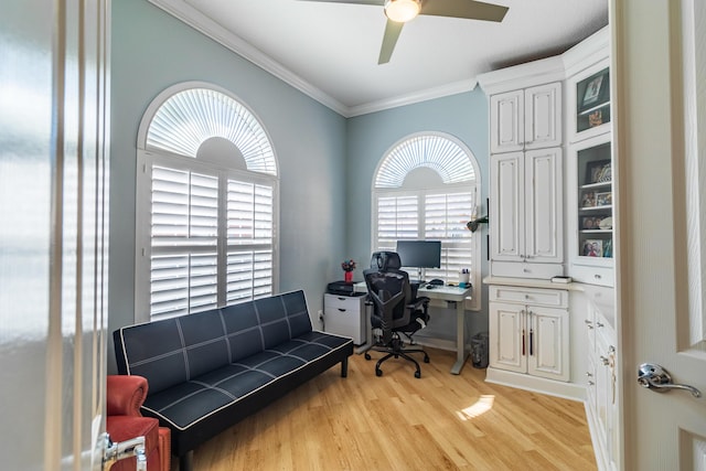 11355 SW Rockingham Dr, Port Saint Lucie, FL 34987 - office area featuring ornamental molding, light wood-type flooring, plenty of natural light, and a ceiling fan