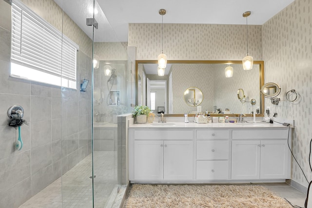 1120 Wandering Willow Way, Loxahatchee, FL 33470 - full bath featuring walk in shower, wallpapered walls, double vanity, and tile patterned floors
