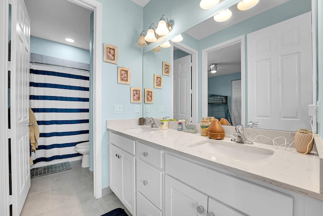 1120 Wandering Willow Way, Loxahatchee, FL 33470 - full bathroom featuring tile patterned floors, double vanity, a ceiling fan, and curtained shower