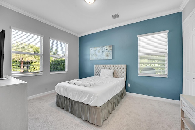 1120 Wandering Willow Way, Loxahatchee, FL 33470 - bedroom with ornamental molding and light carpet