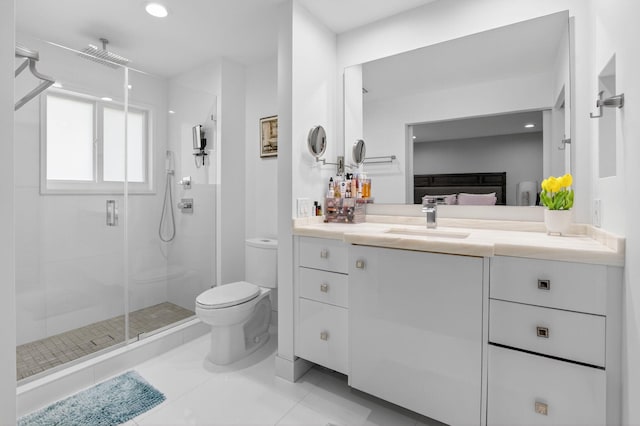 3469 Deer Creek Palladian Cir, Deerfield Beach, FL 33442 - bathroom featuring a shower stall, vanity, tile patterned flooring, and recessed lighting