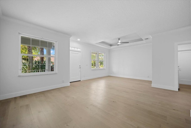 204 Clocktower Dr, Jupiter, FL 33458 - unfurnished living room featuring ornamental molding, light wood finished floors, ceiling fan, a textured ceiling, and a tray ceiling