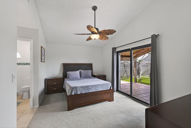 6093 Lucerne St, Jupiter, FL 33458 - carpeted bedroom with vaulted ceiling, access to exterior, connected bathroom, a textured ceiling, and ceiling fan