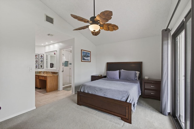 6093 Lucerne St, Jupiter, FL 33458 - bedroom featuring lofted ceiling, light colored carpet, connected bathroom, and a ceiling fan