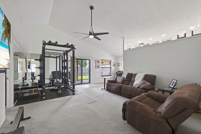 6093 Lucerne St, Jupiter, FL 33458 - carpeted living area with a ceiling fan, high vaulted ceiling, and a textured ceiling