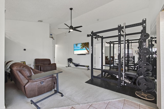 6093 Lucerne St, Jupiter, FL 33458 - exercise room featuring ceiling fan, carpet floors, and high vaulted ceiling