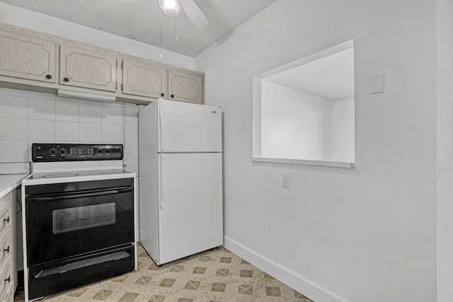 300 Village Green Cir S Unit 120, Palm Springs, FL 33461 - kitchen featuring black range with electric cooktop, freestanding refrigerator, ceiling fan, and light countertops