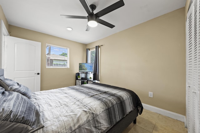 301 Southridge Rd, Delray Beach, FL 33444 - tiled bedroom featuring ceiling fan and recessed lighting