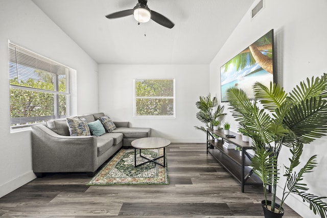 126 NW 6th Ave, Delray Beach, FL 33444 - living room with vaulted ceiling, a ceiling fan, and wood finished floors